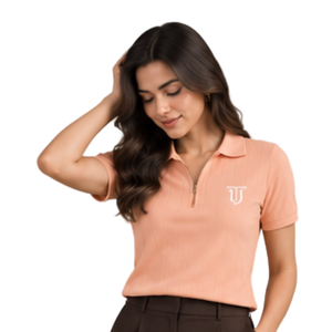 Peach Half Zip Collared Short Sleeve Polo <b>Top</b> with Brown Wide Leg Pleated Pants <b>Womens</b> <b>Smart</b> Casual Outfit - Product Image 6