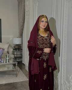 Elegant Maroon Embroidered Abaya Long Sleeve Floor Length <b>Plus</b> <b>Size</b> Women Wedding Ethnic Wear India Pakistan Style - Product Image 1