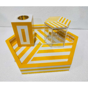 Juego de bandejas hexagonales con incrustaciones geométricas de hueso amarillo hechas a mano, con caja para incienso, decoración moderna de lujo para el hogar. - Product Image 1