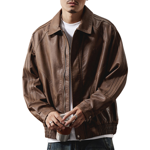 Veste en cuir véritable marron pour homme, col rabattu, manches classiques, style motard, pour l'automne, imperméable, écologique - Product Image 1