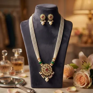 Ensemble de collier et boucles d'oreilles de haute qualité, plaqué or, style Kundan Polki, pour collection de mariage, pour femmes - Product Image 1