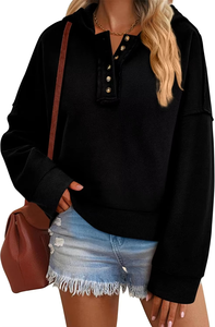 Sudadera Corta de Alta Calidad para Mujer, Sudadera Informal con Capucha, Manga Larga, Cuello en V, Sudadera con Botones - Product Image 3