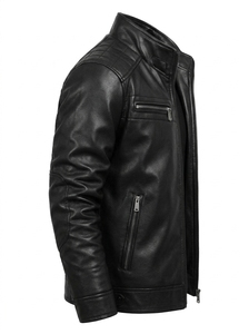 Veste en cuir classique pour homme, fermeture éclair, col montant, vêtement d'extérieur tendance pour un usage quotidien - Product Image 3