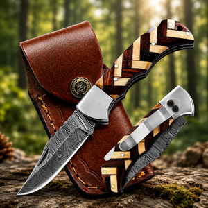 Cuchillo Plegable de Damasco Hecho a Mano de Grado Industrial con Funda de Cuero, Cuchillo de Bolsillo OEM de Acero de Damasco con Mango de Madera para Camping y Actividades al Aire Libre - Product Image 1