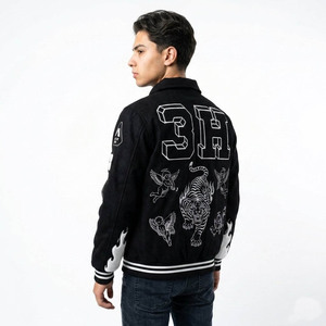 Men's Black Varsity <b>Jacket</b> With White Embroidered Logo And Patch Designs Streetwear Style Turn-down Collar Regular Fit - Product Image 2