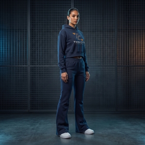 Ensemble de survêtement décontracté 2 pièces Twin City pour femme, sweat-shirt court à capuche bleu marine et pantalon de jogging, manches longues, en molleton, coupe ample, toutes saisons - Product Image 5