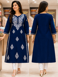 Elevate Your Everyday Ethnic Style with This Elegant Navy Blue Embroidered <b>Kurta</b> Buy Direct From Supplier - Product Image 2