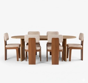 Ensemble de salle à manger en bois de style moderne du milieu du siècle, 6 pièces, chaises à dossier solide, assise et dossier rembourrés, table rectangulaire, meubles pour la maison - Product Image 2