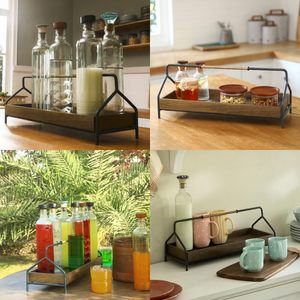 Plateau porte-bouteilles rustique en bois avec poignées en métal noir, organiseur décoratif pour bouteilles en verre, support de comptoir de cuisine style ferme - Product Image 4