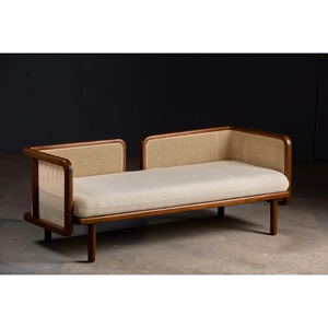 Sofá Cama Minimalista de Madera de Teca Maciza con Respaldo de Ratán Natural, Silla de Salón Escandinava para Sala de Estar y Proyectos Hoteleros - Product Image 1