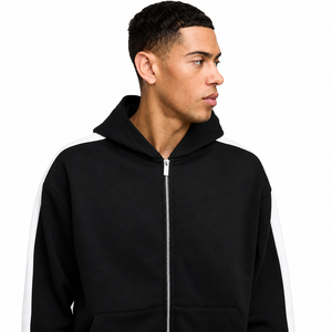 Sweat-shirt à capuche zippé noir, coupe classique, couleur unie, en molleton, style décontracté, style automne, 100% coton, design à rayures blanches - Product Image 3