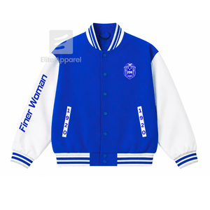 Chaqueta de carreras personalizada de la hermandad Zeta Phi Beta con logo bordado, estilo letterman azul y blanco para mujer con forro de poliéster. - Product Image 1