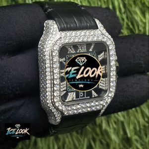 Ice Look <b>Mechanical</b> <b>Watch</b> Square Dial Crystal Bezel Leather Strap Roman Numeral Wristwatch for Men - Product Image 4