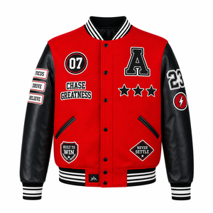 Legend Status Red <b>Men's</b> Varsity <b>Jacket</b> 100% Cotton Anti-Bacterial Zipper Closure Sleeve Patch Design <b>Letter</b> Print Casual Style - Product Image 1
