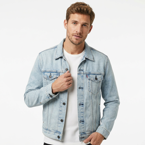 Chaqueta de mezclilla tejida azul claro lavada para hombre, estilo casual, con cuello vuelto, cierre de cremallera, bolsillos, talla grande, Bangladesh - Product Image 4