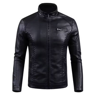 <b>Men's</b> Black PU Leather Moto Jacket Stand Collar Zipper Closure <b>Slim</b> <b>Fit</b> Autumn Wear Regular Sleeve Solid Color - Product Image 2