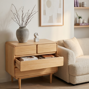 Commode à 4 tiroirs en chêne clair moderne pour chambre et salon, en bois massif de haute qualité, style Japandi - Product Image 6