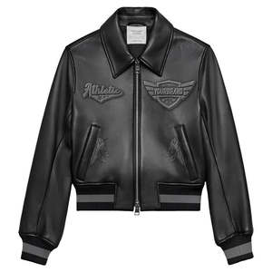 Chaqueta de Cuero Vacuno Negro de Alta Calidad para Hombre, Estilo Varsity, con Cuello Alto, Decoración Bordada, Estilo Aviador, para Invierno - Product Image 1