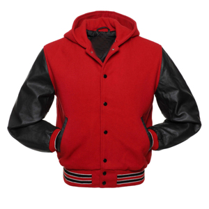 Custom High Quality Wholesale Men <b>Red</b> Wool Varsity Bomber Letterman Jacket With Black Genuine Leather Sleeves And Attached Hood - Product Image 1