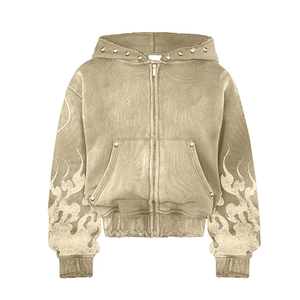 Sudadera con capucha y cremallera de pana naranja con estampado de llamas, corte oversize y estilo crop, chaqueta de streetwear hip hop para hombre - Product Image 4