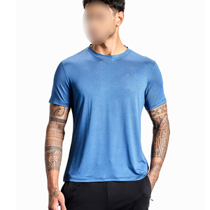 Camiseta de Punto de Manga Corta con Cuello Redondo, Ajustada, Azul, para Hombre, de Secado Rápido, Informal, de Color Sólido, para Hacer Ejercicio en el Gimnasio, del Mejor Proveedor - Product Image 1