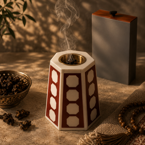 Brûleur d'encens de luxe en résine à motif rayé avec incrustation d'os et coupelle en laiton, pour Bakhoor islamique, décoration arabe pour Ramadan et l'Aïd, cadeau - Product Image 5