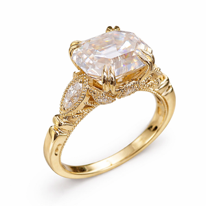 Anillo de compromiso de oro macizo de 14K con corte esmeralda, diseño de hoja y piedras laterales vintage con milgrain, anillo de tres piedras con diamantes de laboratorio, joyería fina nupcial - Product Image 2