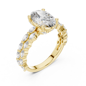 Bague de fiançailles de luxe tendance en or jaune 18 carats plaqué rhodium avec diamant ovale de 2 carats cultivé en laboratoire et pierres latérales de 0,7 carat taille marquise - Product Image 2
