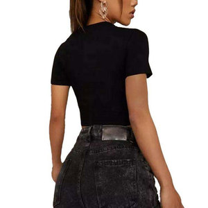 Women's Black Crop <b>Top</b> <b>Rhinestone</b> Logo Streetwear Short Sleeve Crew Neck Knitted T-Shirt Spring Summer Wear - Product Image 2