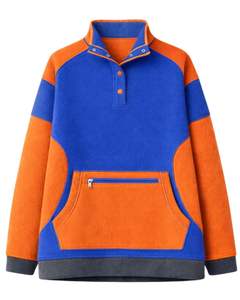 Sweat-shirt d'hiver surdimensionné en polaire bleu roi et orange pour femme avec col à boutons et poche kangourou – Fabricant sur mesure - Product Image 1