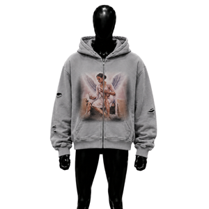 Sweat à capuche zippé gris oversize avec motif ange, style décontracté, en tissu French Terry, coupe classique, pour l'automne, lavage vintage, qualité premium - Product Image 1