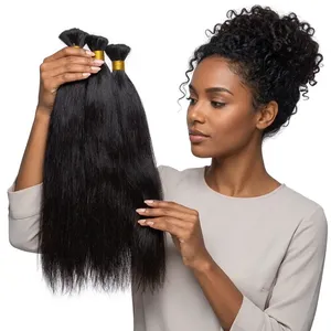 Remy Hair Natural Black Straight Human Hair Bundles with Pre-Stretched Knotless <b>Braiding</b> Hair Extensions - Product Image 5
