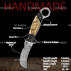 Cuchillo de Caza de Acero de Damasco con Mango de Cuerno de Carnero, Hoja Fija de Punta Caída, Agujero para el Dedo, Grado Industrial, con Funda, OEM Privado - Product Image 6
