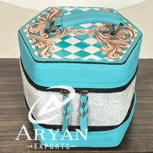 New Hexagon Handcrafted Genuine Cowhide Leather Jewelry Travel Case Western Pattern <b>Rings</b> and Necklaces Organizer for Women's - Product Image 1