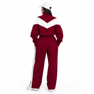 <b>Women's</b> Maroon <b>White</b> Color Block Printed 2-in-1 Tracksuit Set Full Sleeve Turtleneck Zipper Sporty Loose Fit <b>Joggers</b> Front Side - Product Image 2