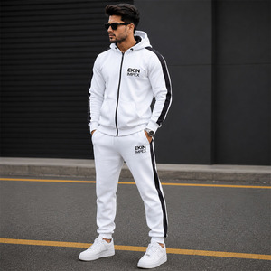 Custom Men’s White Zip Up Hoodie Tracksuit <b>Set</b> Sportswear Fleece Jogger <b>Set</b> OEM Private Label - Product Image 1