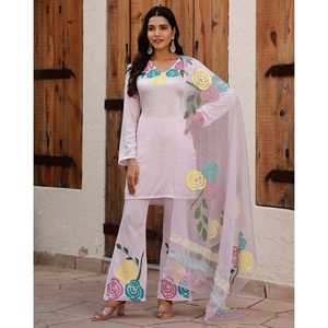 Conjunto de Traje de Chifón Pintado a Mano, Elegante y Transpirable, Talla XS para Mujer, Color Rosa, Marca Kashish - Product Image 3