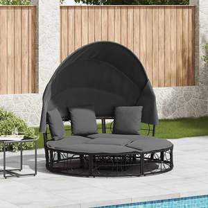 Grand lit de repos d'extérieur en rotin PE noir avec auvent et pergola en acier thermolaqué - Product Image 1