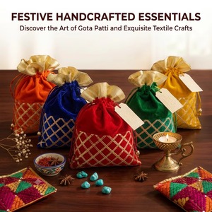 Bolsos Potli Tradicionales de Terciopelo de Seda con Trabajo Gota Patti, Patrón de Cuadrícula Cruzada Dorada, Cierre con Cordón, Año Nuevo Indio Chino - Product Image 2