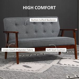 Sofá Loveseat Chesterfield Gris de 2 Plazas, Tela con Tacto de Lino, Tapizado, Patas de Madera de Caucho, Relleno de Espuma, Mueble Seccional de Cuero - Product Image 4