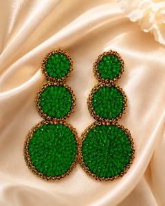 Boucles d'oreilles pendantes triple cercle faites à la main, style bohème, avec perles de rocaille vertes, pour femmes, vente en gros - Product Image 1