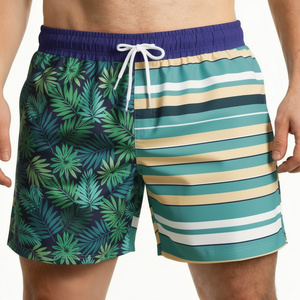 Bañadores de hombre con estampado tropical y bloques de color, de secado rápido, cintura media, con cordón, pantalones cortos informales, 100% poliéster, tejido. - Product Image 1