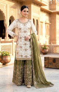 Ensemble Kurti Sharara Fendy Premium avec Dupatta, tenue ethnique richement brodée pour mariage et fête, avec doublure en Santoon mat, style designer - Product Image 6