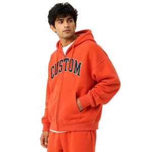 Heavyweight Oversized Men <b>Hoodies</b> <b>Orange</b> Full Zip Fleece Varsity Embroidered Letter Winter Wear Private Label Manufacturer - Product Image 2