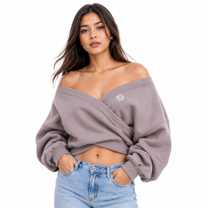 Oversized Fashion Women's Cropped Sweatshirt Off Shoulder Crossover Front Long Sleeve Cotton Fleece Mauve Gray Private <b>Label</b> OEM - Product Image 1
