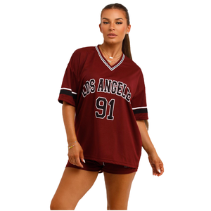 Ensemble deux pièces surdimensionné pour homme, taille plus, couleur bordeaux, maillot de football américain, imprimé numéro 91, short assorti, tenue streetwear - Product Image 1