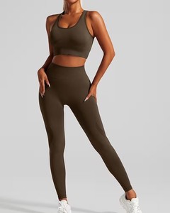 <b>Open</b> Lattice Back Sports <b>Bra</b> with High Rise Squat Proof Training Tights Set Womens 2 Pcs Seamless Fitness Yoga Suit Kit - Product Image 1