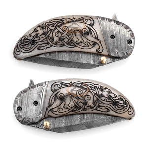 Couteau pliant personnalisé en acier Damas - Manche en os de chameau gravé au laser - Motif Celtic Hound - Qualité industrielle pour le camping et la chasse - Product Image 5