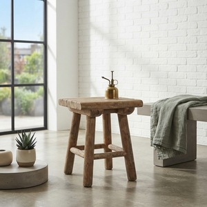 Taburete Pequeño de Madera de Teca Maciza de Grado Alimenticio, Asiento de Madera Rústico Hecho a Mano, Decoración Minimalista para el Hogar, Acabado Natural, Mueble Resistente - Product Image 3