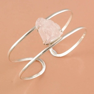925 Sterling Silver Cuff Bracelet <b>Bangle</b> With Natural Pink Rose Quartz Crystal Stone Statement Women's Jewelry Everyday Wear - Product Image 1